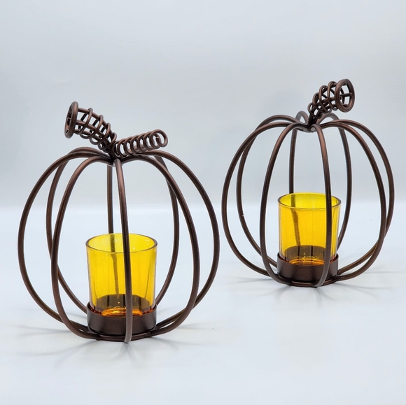 Brown Metal Wrought Iron Rustic Pumpkin Candle Holder Fall Seasonal Decor Set x2 - Picture 1 of 6